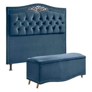 Conjunto Cabeceira E Calçadeira Holanda 140 Cm Veludo Luxor Azul Speciale Home Azul