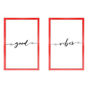 Kit 2 Quadros Decorativos Casal Frases Good Vibes 40X60Cm Titulo Moldura Vermelha