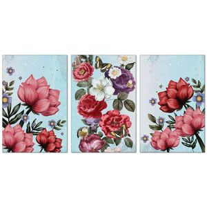 Kit Placas Quadros Decorativos 3 Pçs Mdf 20X30 Floridas Titulo Rosas Sobre Azul