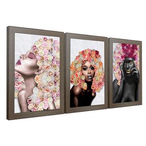 Kit 3 Quadros Decorativos 20X30 Mulheres Rosto Flores Rosas Titulo Moldura Madeira