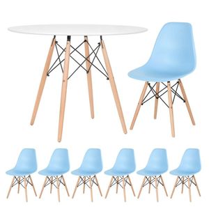 Mesa Redonda Eames 100cm Branco + 6 Cadeiras Azul Claro