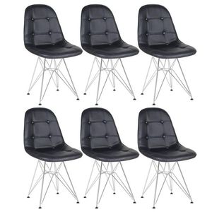 Kit 6 Cadeiras Estofadas Charles Eames Eiffel Botonê Com Pés De Metal Cromado Preto Preto