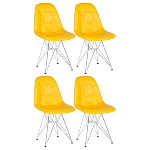 Kit 4 Cadeiras Estofadas Charles Eames Eiffel Botonê Com Pés De Metal Cromado Amarelo Amarelo