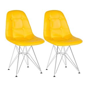 Kit 2 Cadeiras Estofadas Charles Eames Eiffel Botonê Com Pés De Metal Cromado Amarelo Amarelo