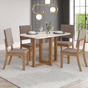 Conjunto Mesa Henn Natali Tampo De Vidro 4 Cadeiras Nature/off White/marrom Amêndoa