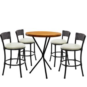4 Banquetas Forts Baixa Fibra Preto Ferro Bistrô Tampa Madeira Com Assento Branco