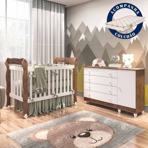 Quarto De Bebê Com Colchão Berço 3 Em 1 Cômoda Branco Com