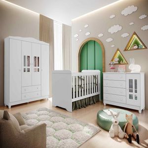 Quarto De Bebê Arie Completo Berço Roupeiro Cômoda Branco