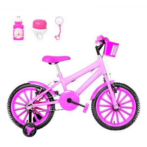 Bicicleta Infantil Aro 16 Nylon + Kit Passeio Rosa E Pink