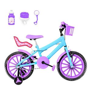 Bicicleta Aro 16 Nylon + Kit Passeio Azul Claro E Lilás