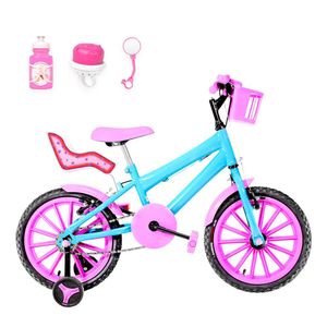 Bicicleta Aro 16 Nylon + Kit Passeio Azul Claro E Rosa