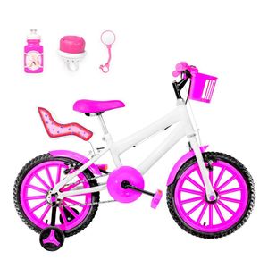 Bicicleta Aro 16 Nylon + Kit Passeio Branca E Pink