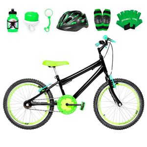 Bicicleta Infantil Aro 20 Aero + Kit Proteção Preta E Verde
