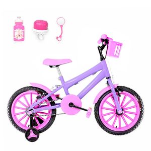 Bicicleta Infantil Aro 16 Nylon + Kit Passeio Lilás E Rosa