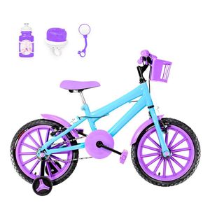 Bicicleta Aro 16 Nylon + Kit Passeio Azul Claro E Lilás