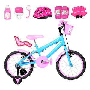 Bicicleta Aro 16 Alumínio + Kit Premium Azul Claro E Rosa
