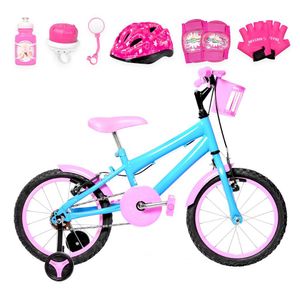 Bicicleta Aro 16 Alumínio + Kit Proteção Azul Claro E Rosa