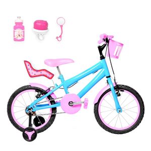 Bicicleta Aro 16 Alumínio + Kit Passeio Azul Claro E Rosa
