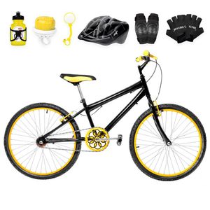 Bicicleta Aro 24 Alumínio + Kit Proteção Preta E Amarela
