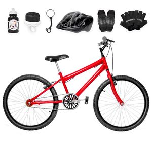Bicicleta Aro 24 Alumínio + Kit Proteção Vermelha E Preta