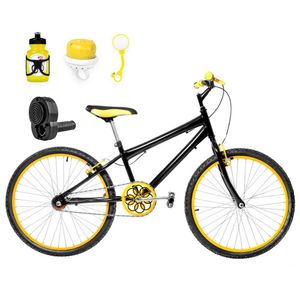 Bicicleta Aro 24 Alumínio + Kit Passeio Preta E Amarela