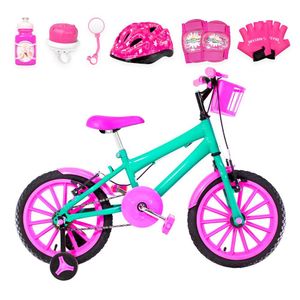 Bicicleta Infantil Feminina Aro 16 Nylon + Kit Proteção Verde Água E Pink