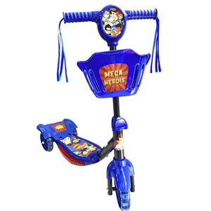 Patinete Infantil Mega Heróis, Musical Com Luz De Led, Cesta E 3 Rodas.