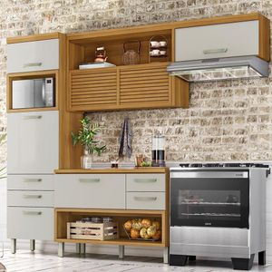 Cozinha Compacta Nesher Princesa Com 5 Portas 5 Gavetas E 11 Prateleiras Freijó Com Off White