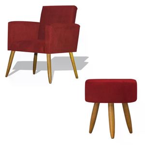 Kit Poltrona Decorativa Nina C/Puff Redondo Vermelho