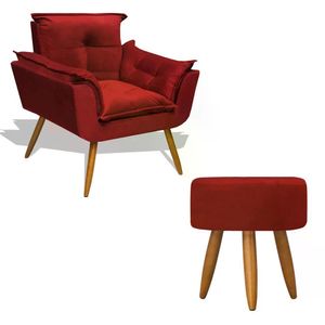 Kit Poltrona Decorativa Opala C/Puff Redondo Vermelho