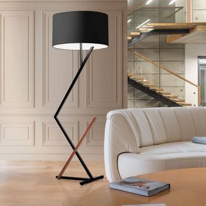 Luminária Abajur De Chão Bali Cúpula Cilíndrica Pedestal Piso Cor:preto/cobre/preto