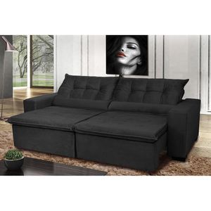 Sofá Montenegro 2,02 Mts Retrátil, Reclinável Com Molas E 2 Almofadas Lombar Tecido Suede Preto