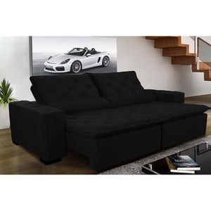 Sofá Magnum 2,02m Retrátil, Reclinável Com Molas E Almofadas Lombar Tecido Suede Velusoft Preto