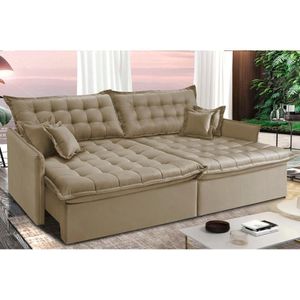Sofá Sem Caixa Retrátil E Reclinável 1,75m Cama Inbox Versátil Suede Velusoft Bege