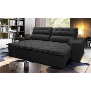 Sofá 2,12m Retrátil E Reclinável Com Molas Cama Inbox Confort Tecido Suede Velusoft Preto
