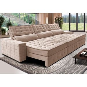 Sofá Retrátil E Reclinável 3,55M Cama Inbox Big Puffer Com Softgel D40 Velupluma Bege