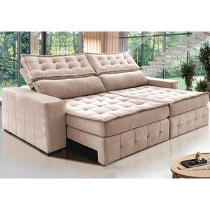 Sofá Retrátil E Reclinável 2,55M Cama Inbox Big Puffer Com Softgel D40 Velupluma Bege