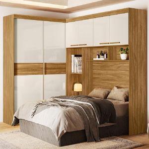 Guarda Roupas Modulado Com Cabeceira De Casal Florença 6 Portas 5 Gavetas Freijó/Off White