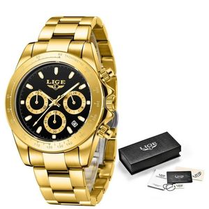 Relógio Masculino Lige 8937 à Prova D'água Todo Ouro