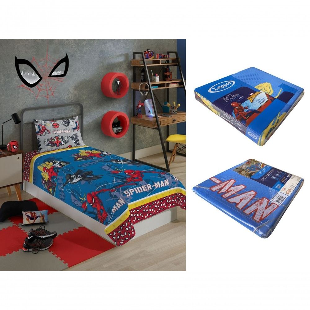 Jogo de Cama Infantil Lepper Homem Aranha Solteiro 3 Peças Microfibra Azul
