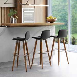 Kit 3 Banquetas Altas Luxo Aço Champanhe Linho Preto Preto