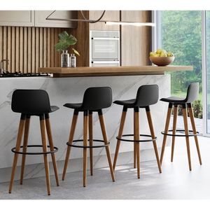 Kit 4 Banquetas Altas Luxo Aço Preto Linho Preto Preto