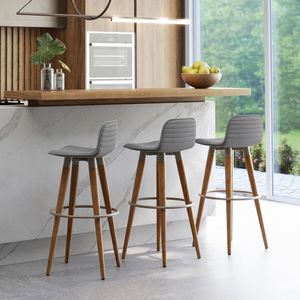 Kit 3 Banquetas Altas Luxo Aço Champanhe Linho Cinza Preto