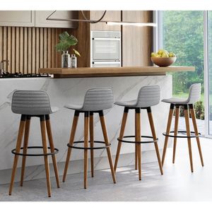 Kit 4 Banquetas Altas Luxo Aço Preto Linho Cinza Preto