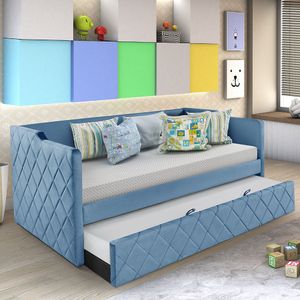 Sofá Cama Infantil Madeira Maciça Tecido Veludo Pavia Azul