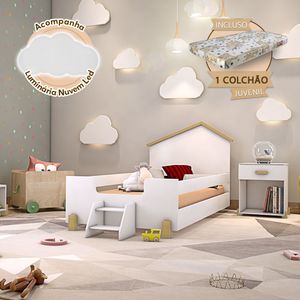 Cama Infantil C/ Colchão E Escadinha Branca E Natural