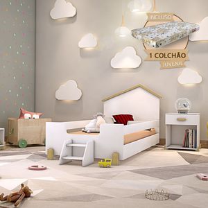 Cama Infantil C/ Colchão E Escadinha Branca E Natural