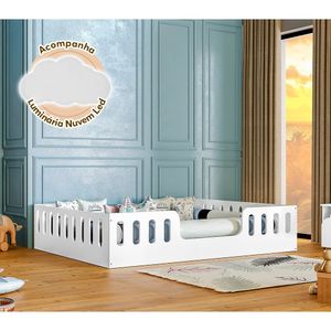 Cama Casal Branca Helo Com Cercado Luminária Led - Branco