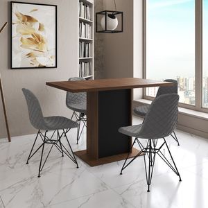 Mesa Jantar Londres Tampo Amêndoa 120Cm Base Preta 4 Cadeiras Ferro Preto Estofado Grafite