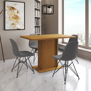Mesa Jantar Londres Tampo Canela 120Cm 4 Cadeiras Ferro Preto Estofado Grafite